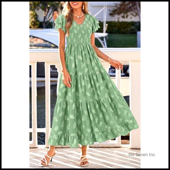 Soft Polyester Maxi Dress with Ruffle Sleeves, V Neck, Smocked Bodice, Pockets - Picture 7 of 7